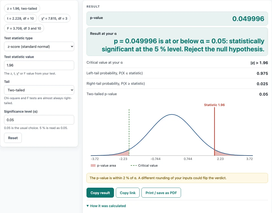 P value calculator example