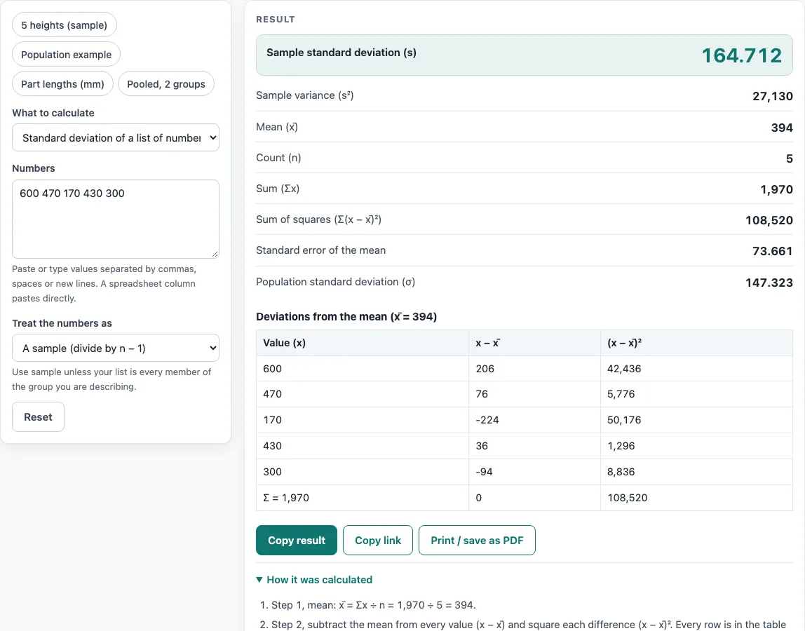 Standard deviation calculator example